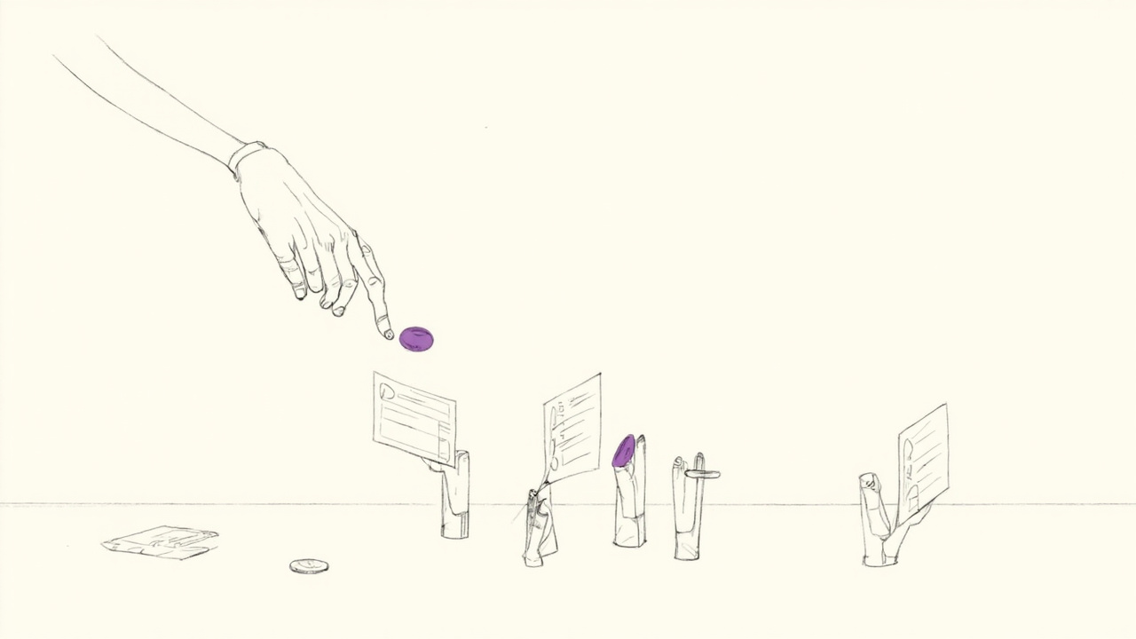 Mãos robóticas montam botões e cards de interface como blocos sob orientação de mão humana, retrato de agentes em design system.