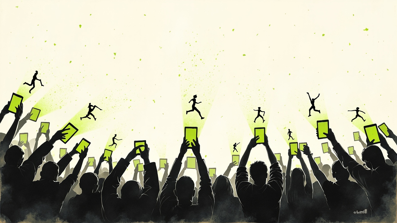 Multidão em estádio com celulares brilhando como vagalumes projetando clipes de atletas no ar, retrato do fandom da Gen Z.