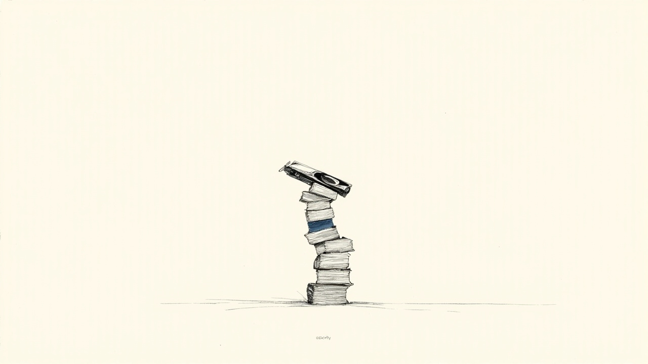 Pilha de placas gráficas equilibrada sobre livro-razão de fundo de pensão sugere o financiamento arriscado da Nvidia.