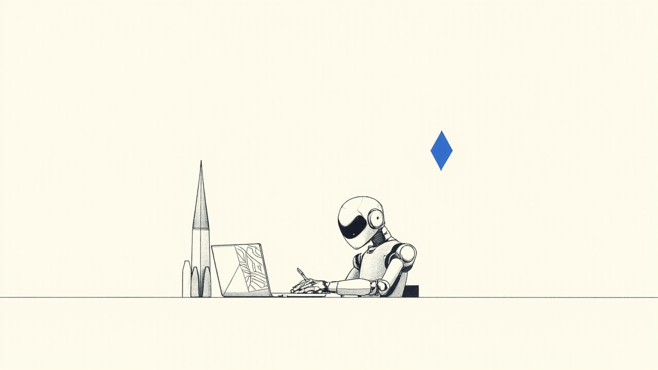 Roboide trabalha em mesa com foguete de brinquedo e laptop, alusão ao Grok 4.6 da SpaceXAI e ao Grok Bot