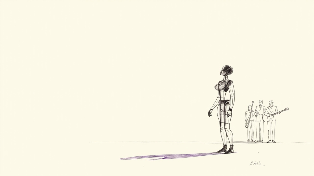 Robô translúcido com crachá ao lado de músicos humanos numa playlist, selo AI Persona do Spotify