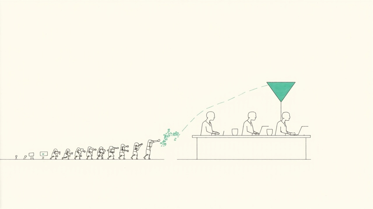 Três desenvolvedores numa mesa com enxame de robozinhos levando diffs para funil de merge, time enxuto com agentes
