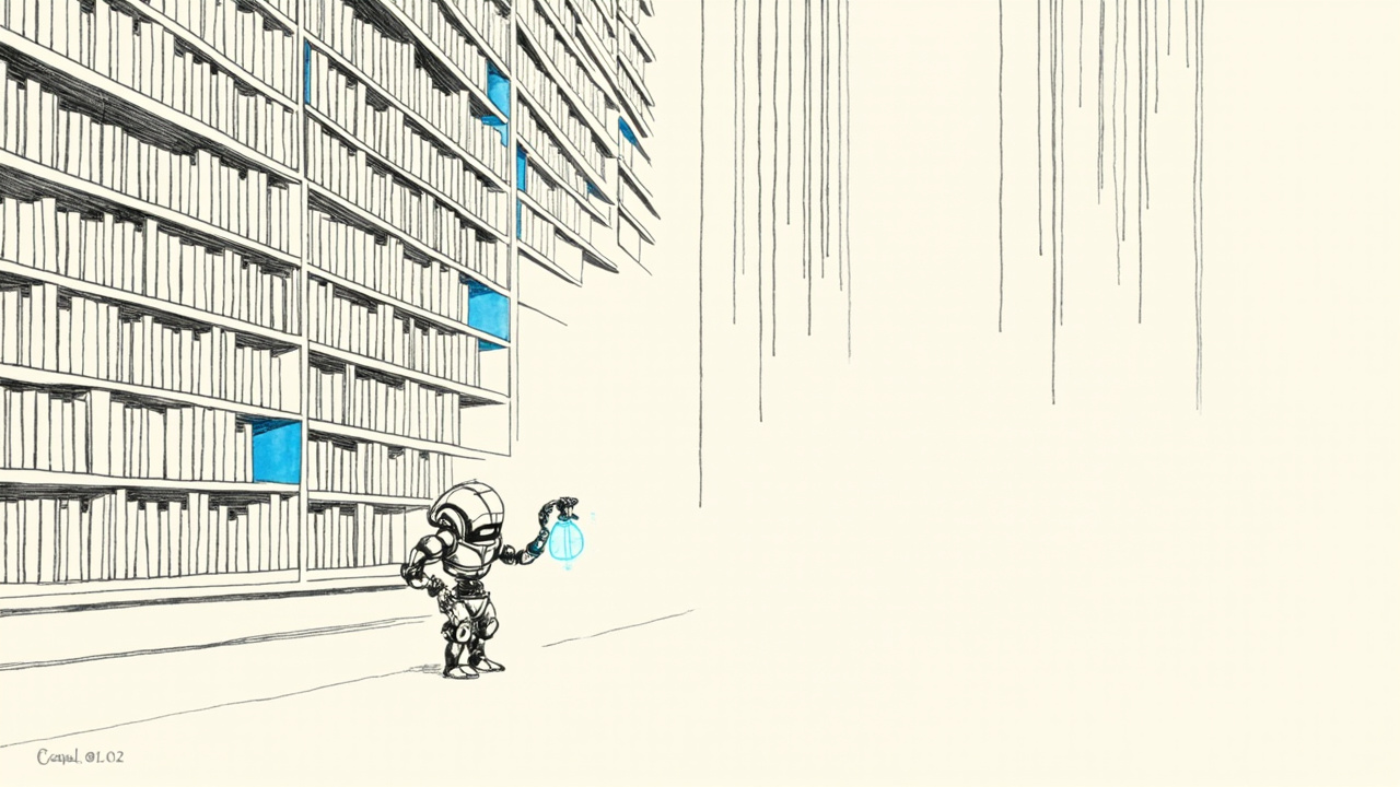 Robô com lanterna busca um livro específico numa biblioteca cheia, gargalo de recall em LLMs.