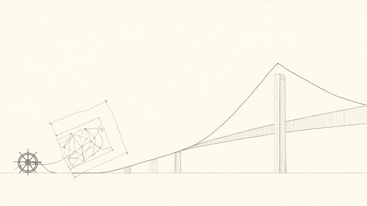 Leme de navio puxa planta baixa à deriva de volta ao alinhamento com ponte construída, metáfora do drift de design system