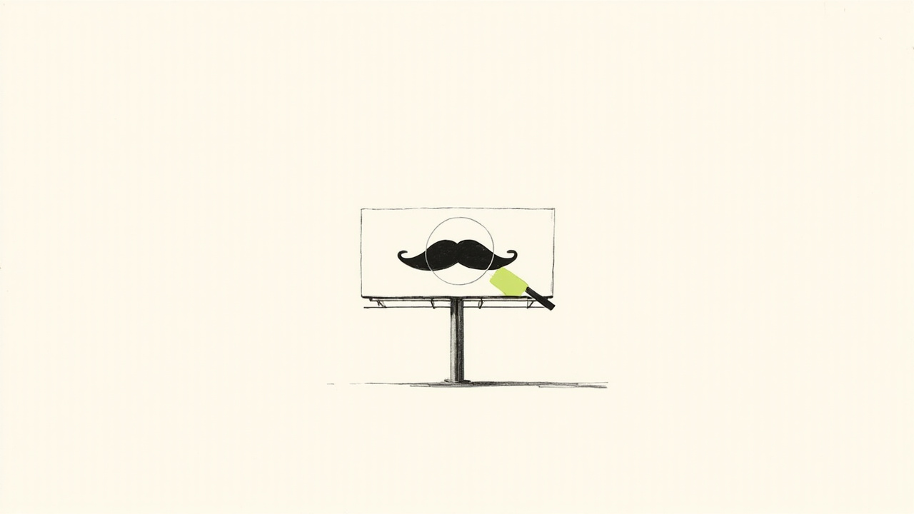 Outdoor de anúncio com bigode falso verificado por scanner de lupa, metáfora da verificação contínua contra fraude publicitária