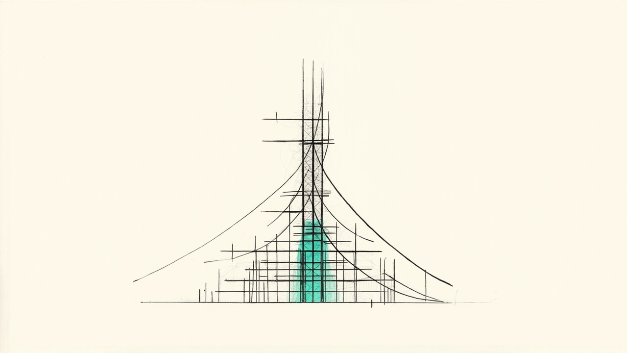 Andaime de vigas de aço sustenta torre neural em construção, metáfora dos fundamentos de engenharia na era da IA