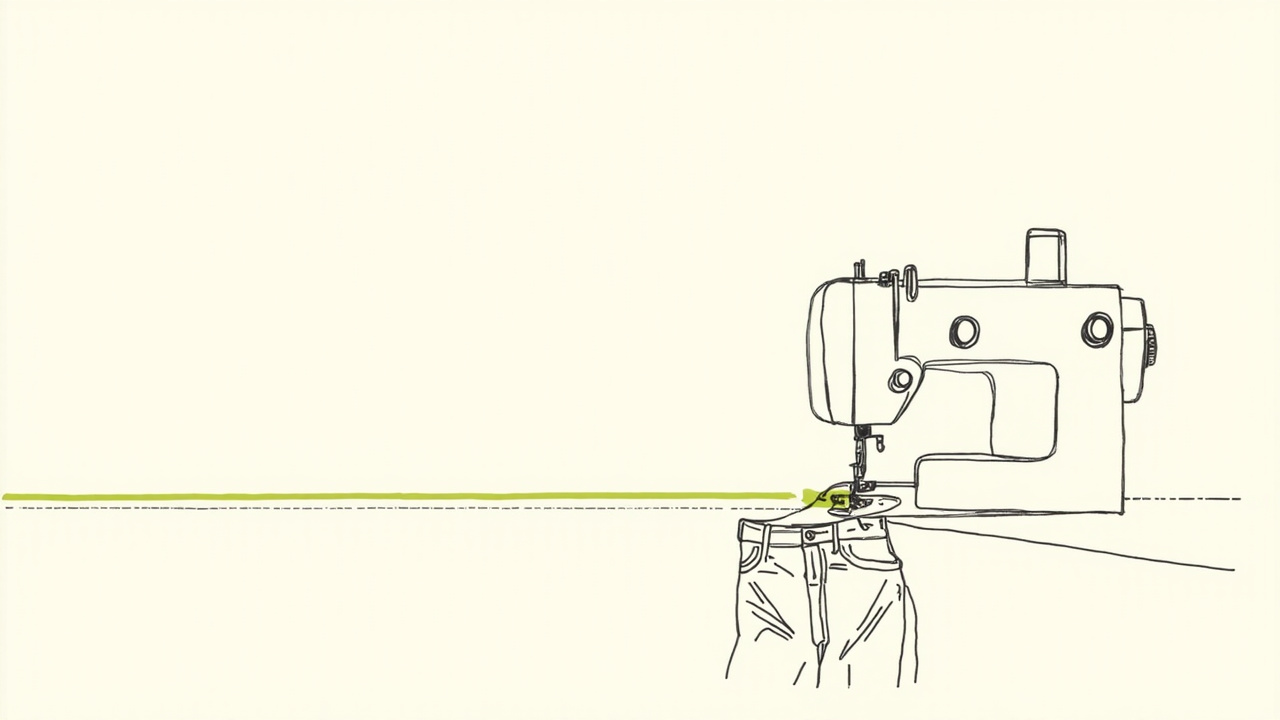 Máquina de costura costura elo luminoso de fidelidade em jeans, metáfora dos serviços de reparo das marcas de moda