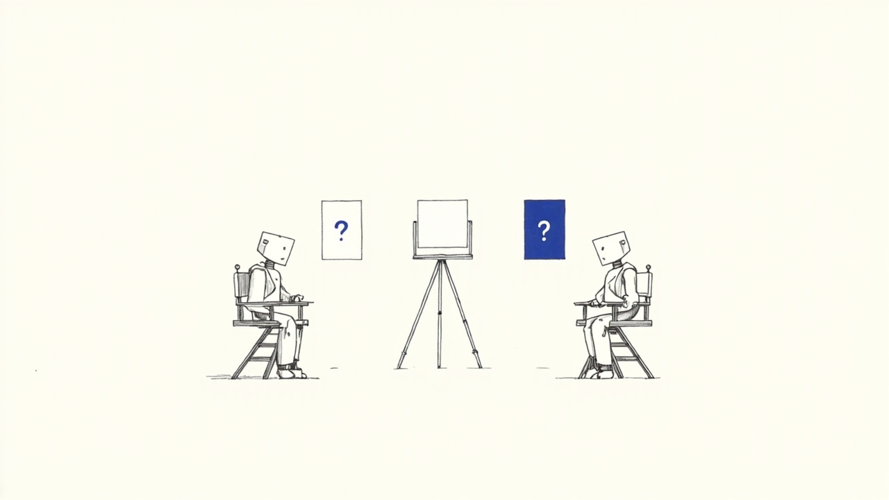 Dois pequenos robôs diretores em cadeiras de direção diante de storyboard com quadros vazios e pontos de interrogação, testando a criatividade de IA em vídeo