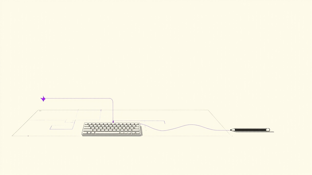 Teclado de desenvolvedor e lápis de designer passando planta compartilhada de um lado para outro numa mesa, simbolizando colaboração entre engenharia e design