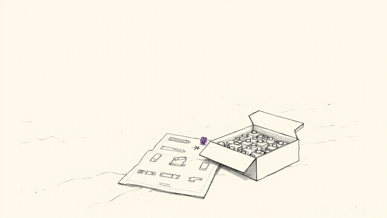 Caixa de peças Lego idênticas ao lado de folha de instruções mostrando apenas peças sem estrutura final, ilustrando a lacuna de design systems