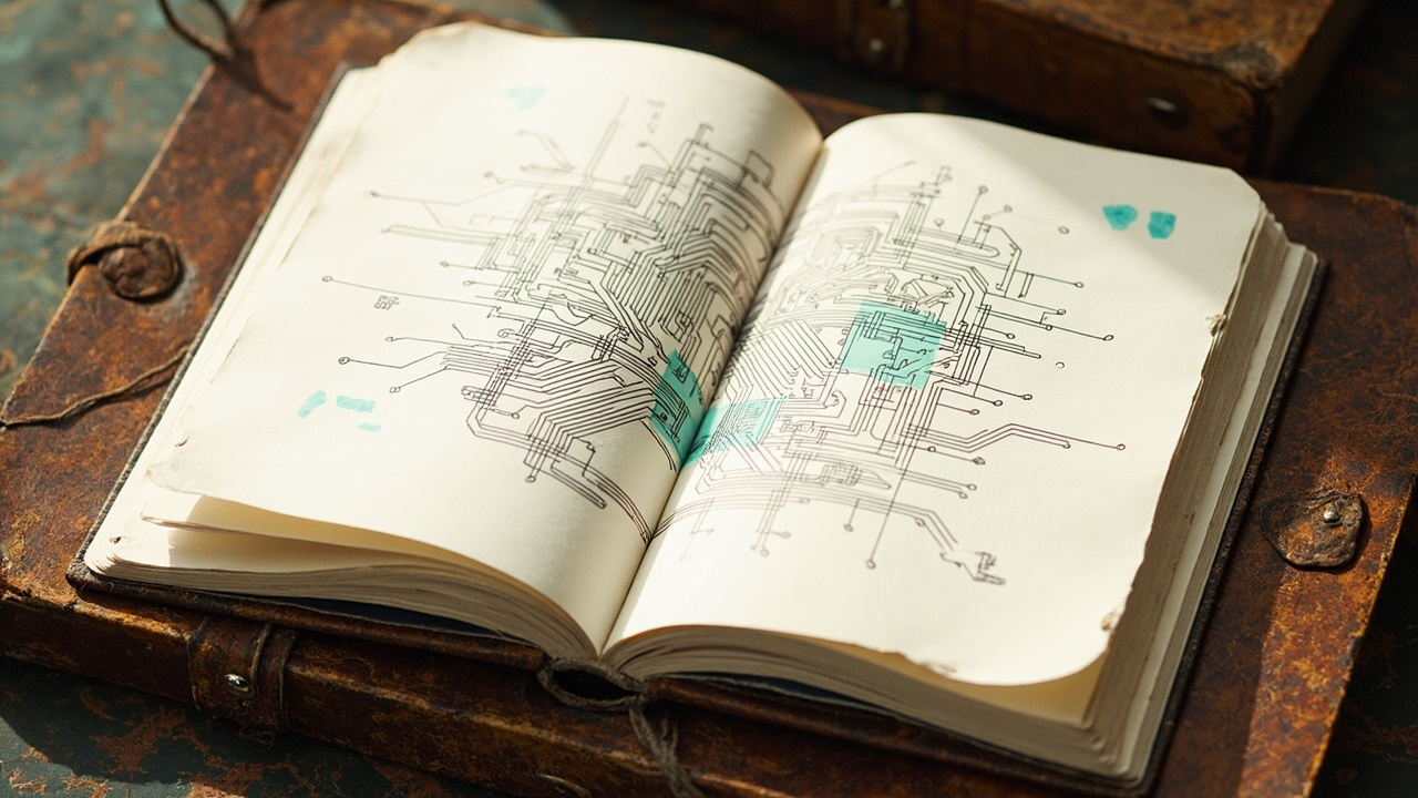 Livro de histórias antigo com placas de circuito e trechos de código ilustrados nas páginas, representando anedotas da ciência da computação