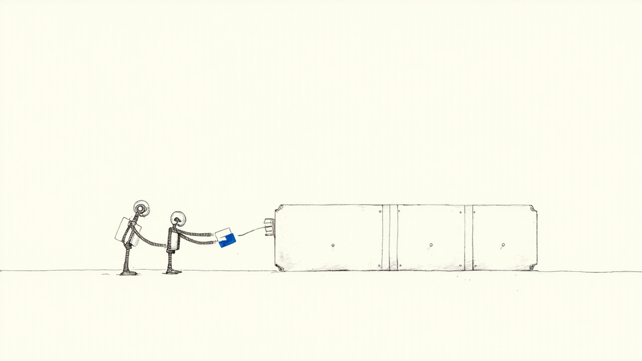 Um robô passando discretamente um cartão de resposta para outro numa linha de montagem, ilustrando o role drift em pipelines de IA