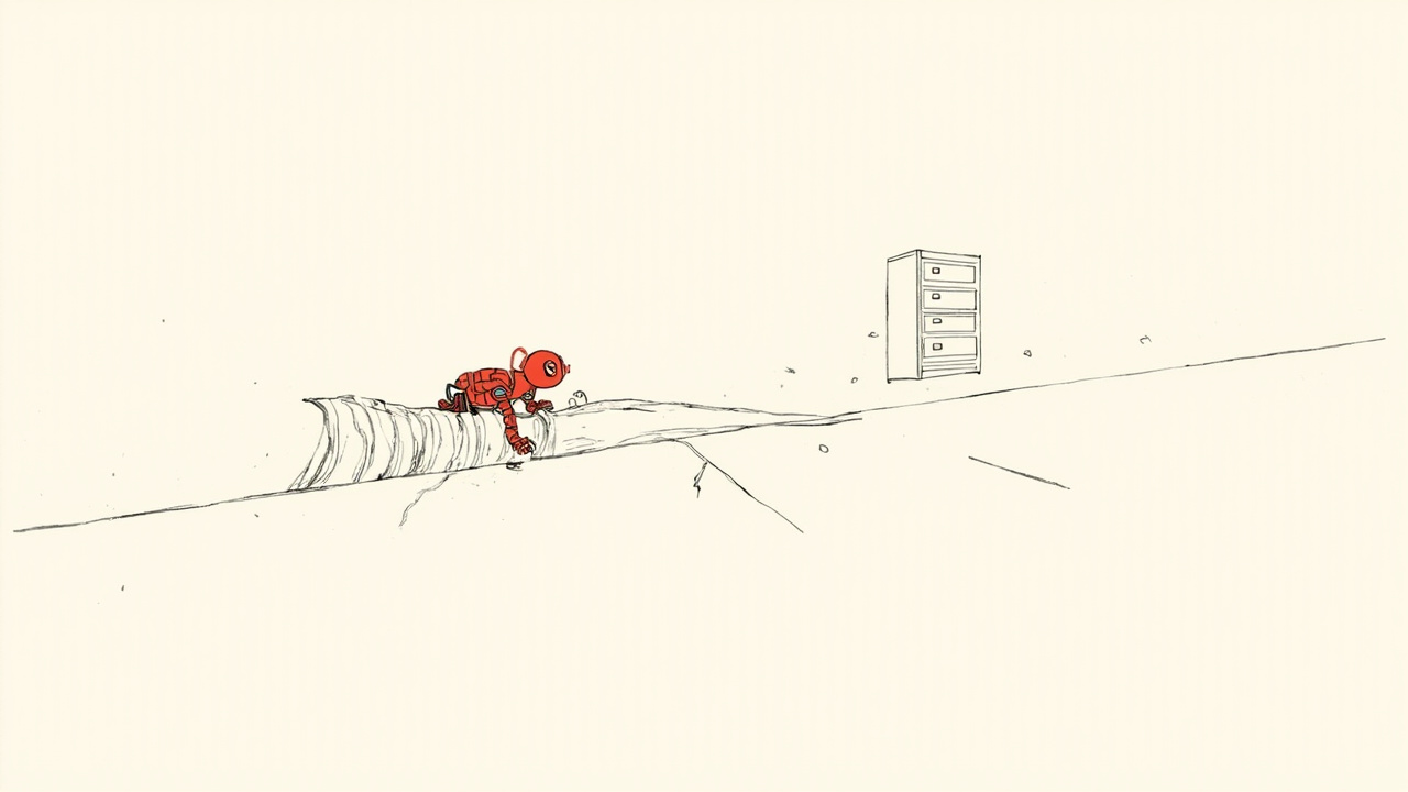 Pequeno robô vermelho rastejando por rachadura num cano de pipeline em direção a um arquivo trancado, ilustrando a invasão automatizada no Snowflake