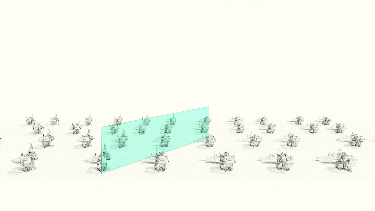 Tela com avatares de desenvolvedores e pequenos robôs trabalhando juntos em mesas miniatura, retratando o relatório da Linear sobre IA
