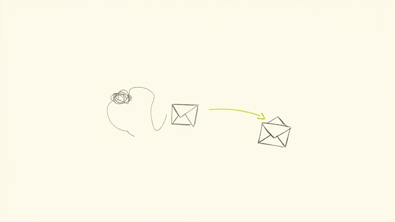 Primeiro email amassado com erro visível sendo seguido por envelope polido e corrigido deslizando para a mesma caixa de entrada, ilustrando a tática do oops