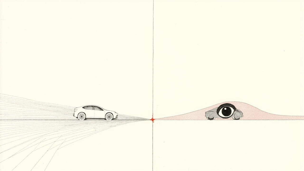 Dois carros autônomos numa bifurcação, um seguindo mapa detalhado pré-desenhado e outro observando a estrada com olho de aprendizado, comparando Waymo e Tesla