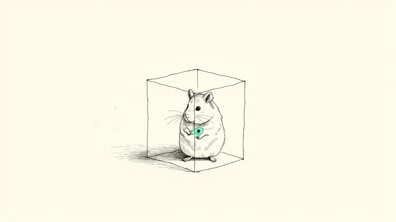Hamster em caixa de vidro segura gazua, metáfora do desafio de escape do Sandbox da Vercel