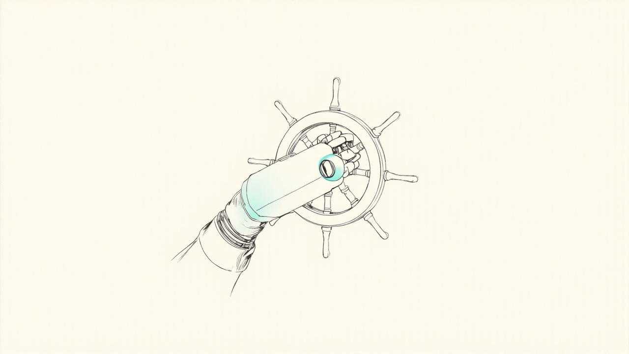 Mão robótica pilotando janela de navegador como leme de navio, BetterWright para agentes de IA.
