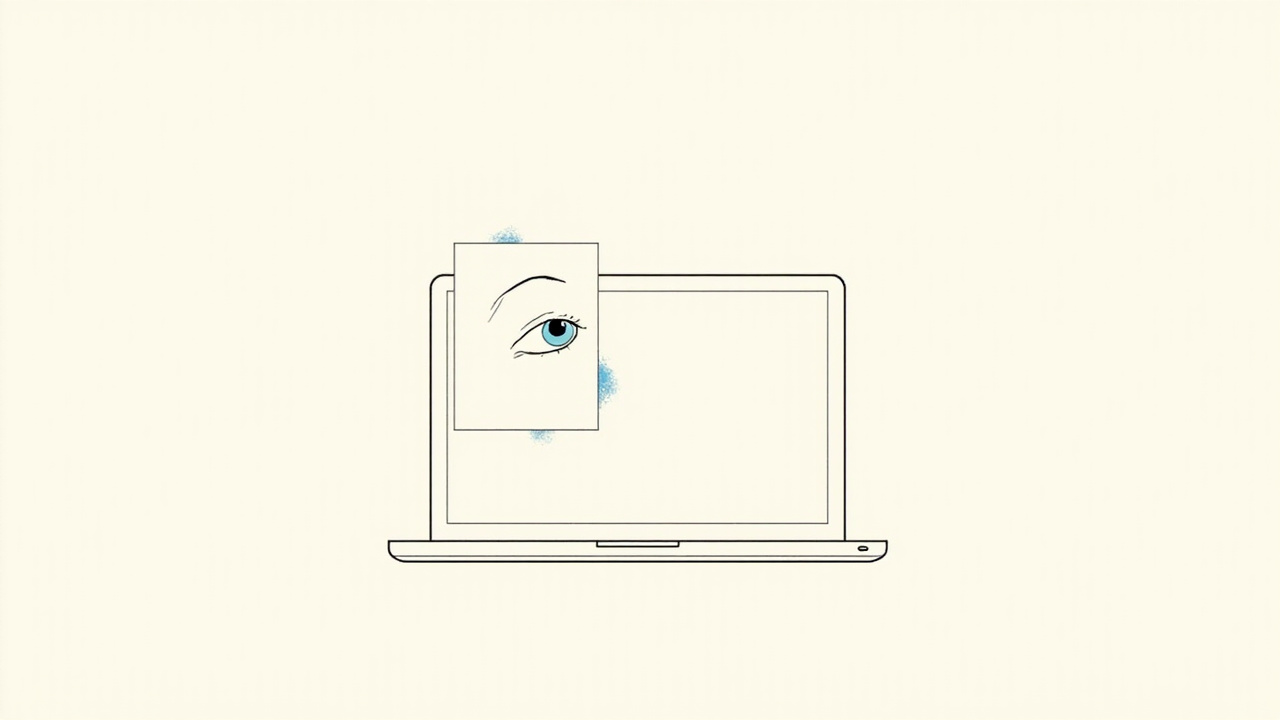 Tela de laptop com olho simpático espiando por janela compartilhada, app de IA da Meta para macOS.
