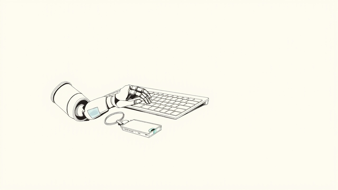 Mão robótica sobre teclado com chaveiro de credenciais ao lado, conceito de computer use para agentes.