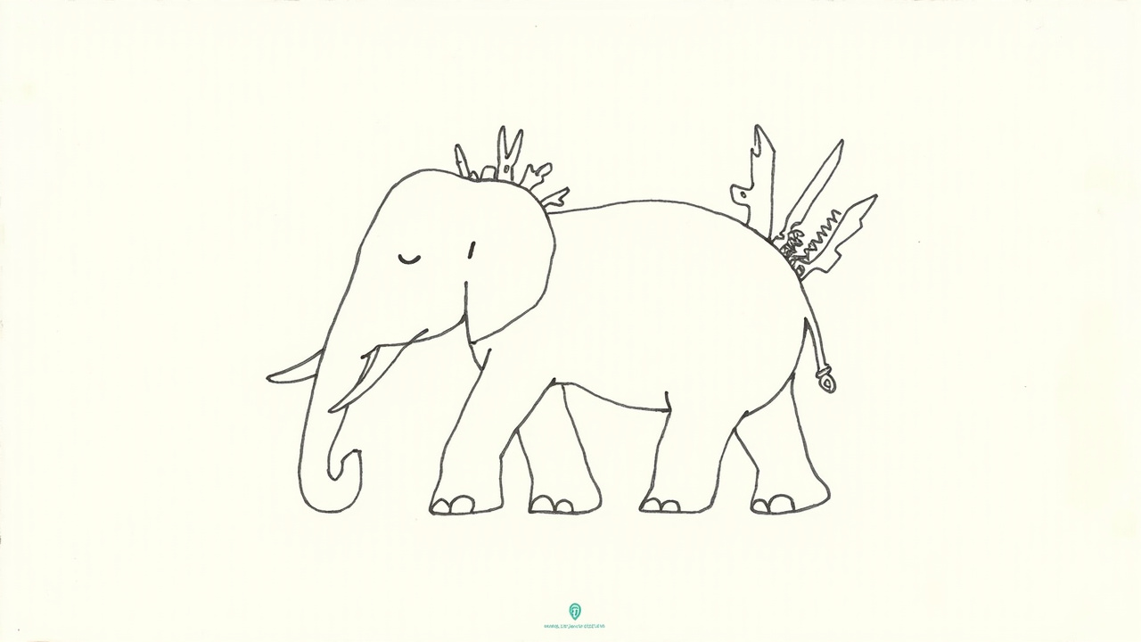 Elefante em forma de canivete suíço com várias ferramentas abertas, PostgreSQL substituindo múltiplos sistemas.