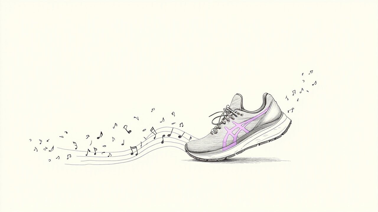Tênis de corrida com notas musicais saindo dos cadarços, Spotify Running Mode e notas de usuário no Android.