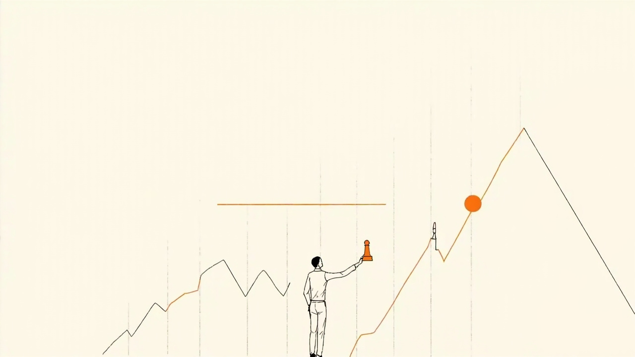 Trader iniciante escolhe caminho entre gráficos e tabuleiro, representando decisões em uma firma quantitativa