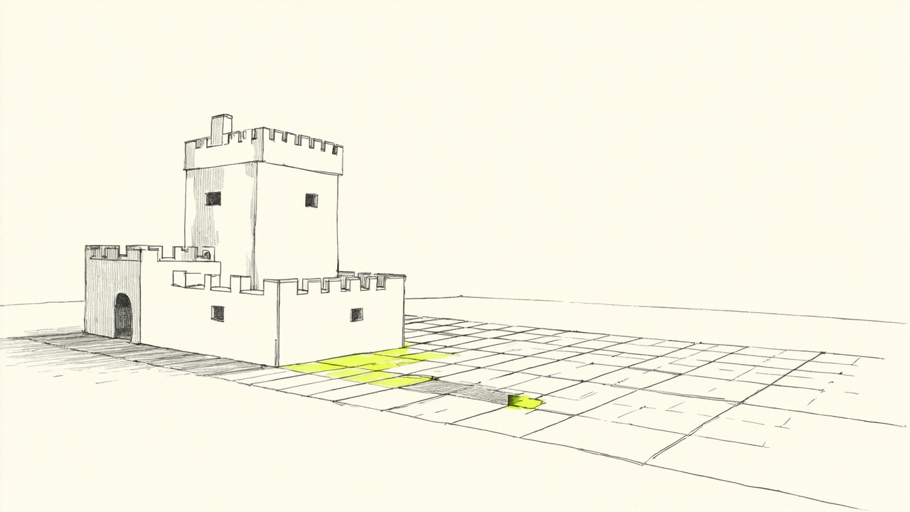 Fosso de castelo cheio de cartões de dados em vez de água, metáfora de dados proprietários como vantagem competitiva do SaaS