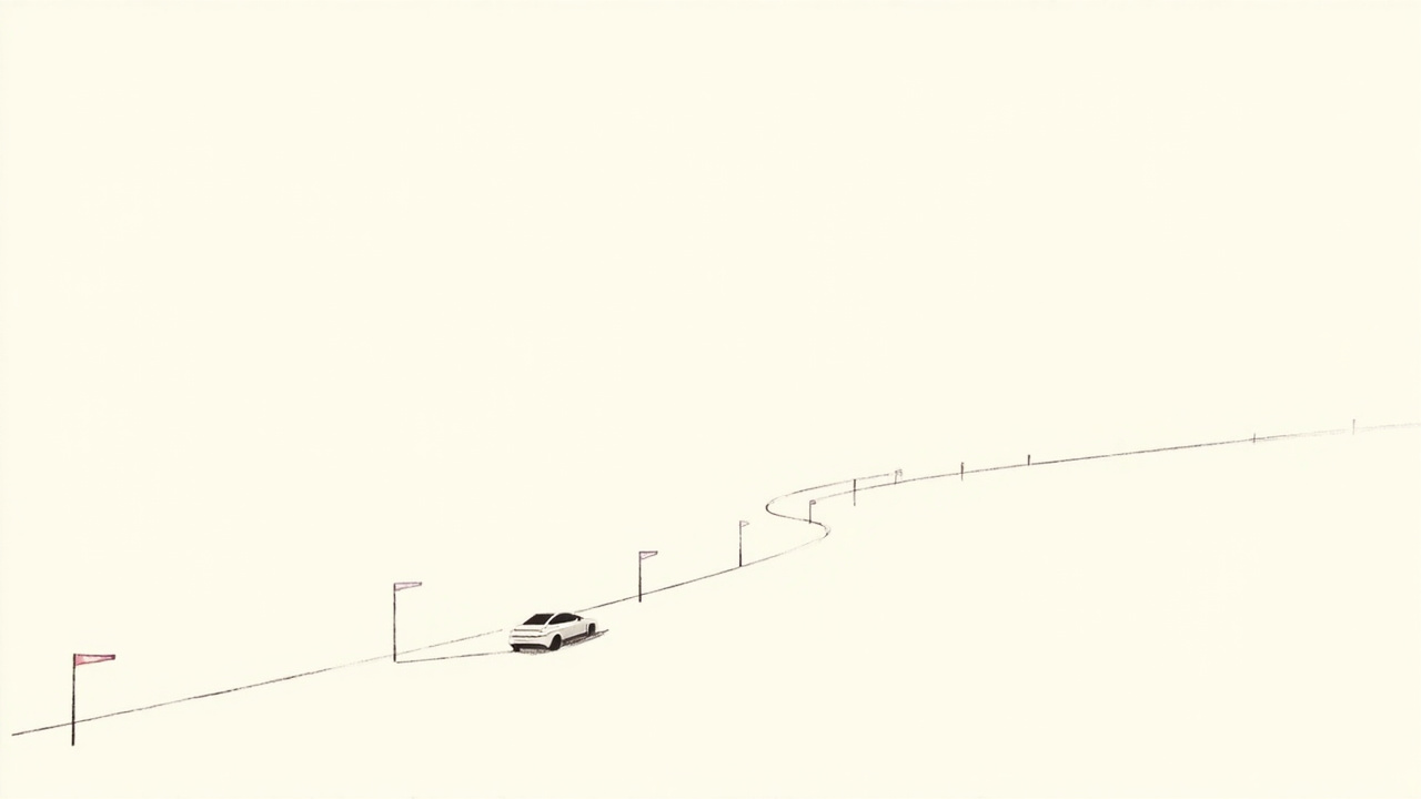 Carro autônomo segue bandeiras de checkpoint em estrada com neblina, metáfora do PM reinventado para inventar o Waymo