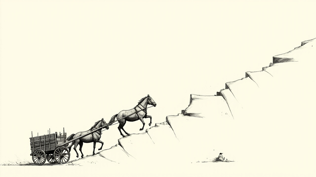 Equipe de cavalos de trabalho num mesmo arreio puxando carroceria morro acima, metáfora do harness organizacional multiplicando talento