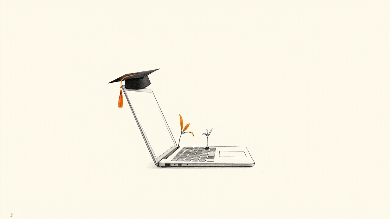 Capelo de formatura sobre notebook com mudas brotando do teclado, metáfora de universidades dando tempo a fundadores estudantes