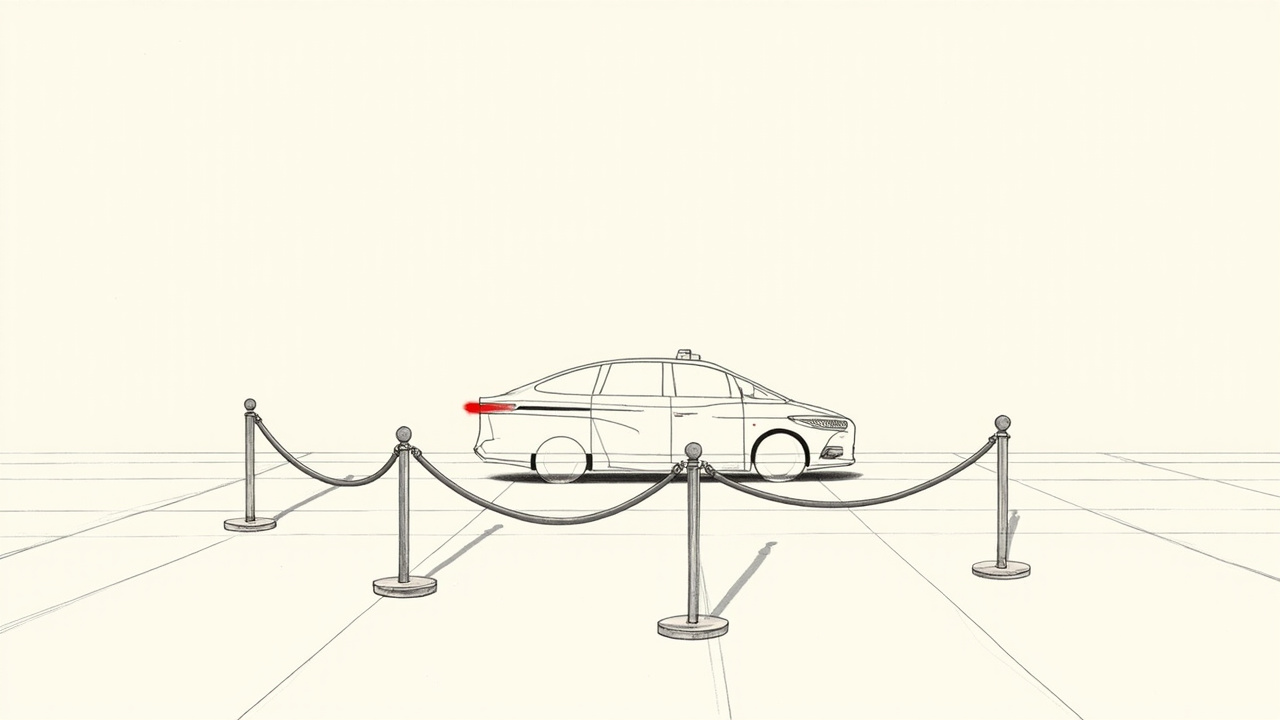 Táxi futurista sem motorista atrás de cordas de veludo em palco de estreia, metáfora do evento de lançamento do Cybercab da Tesla