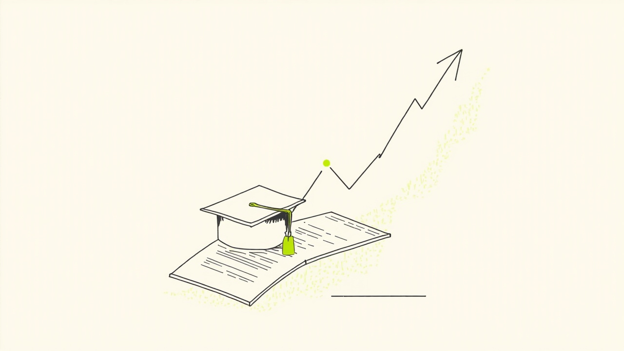 Capelo de formatura sobre página de busca que se transforma em gráfico ascendente, métricas de SEO para executivos