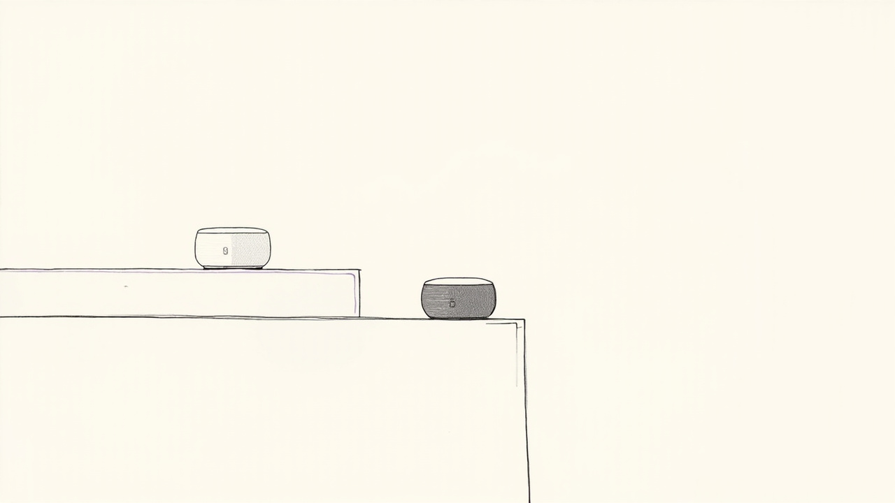 Prateleira minimalista com smart speaker e pedestal vazio, preparação das lojas Apple para lançamentos Home