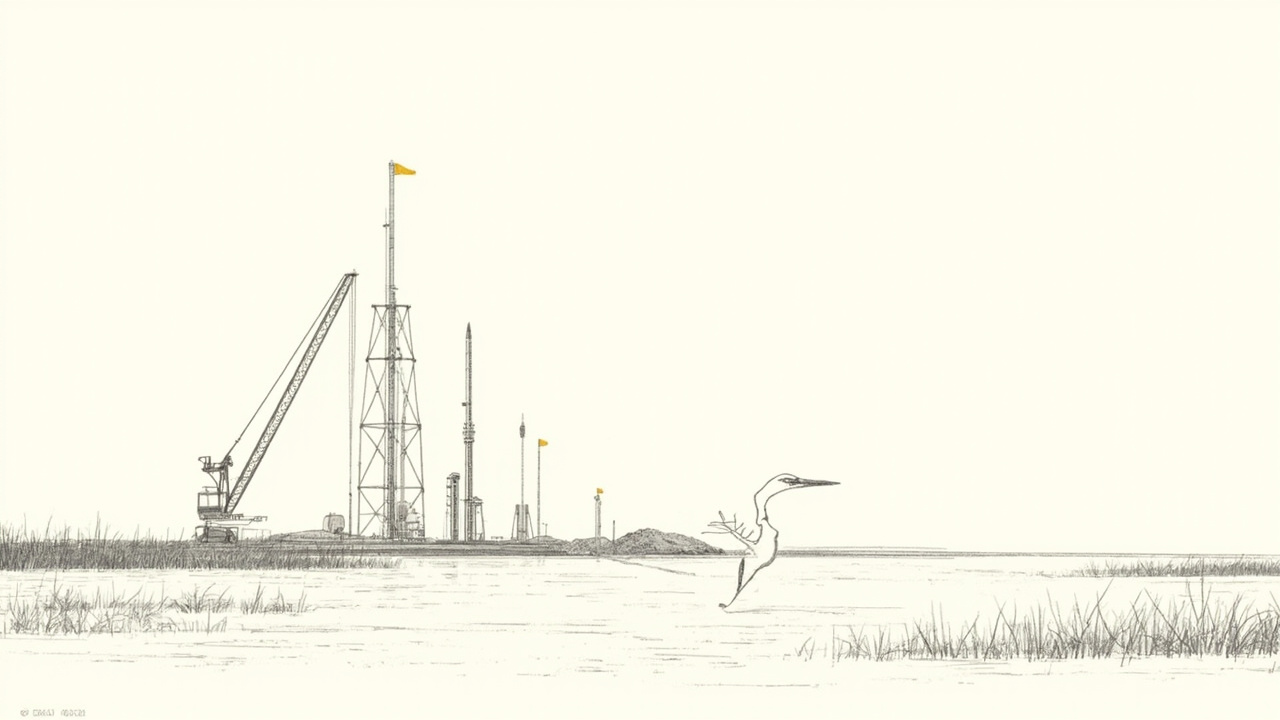Torres de lançamento erguem-se em manguezal costeiro com garças, megainvestimento da SpaceX na Luisiana