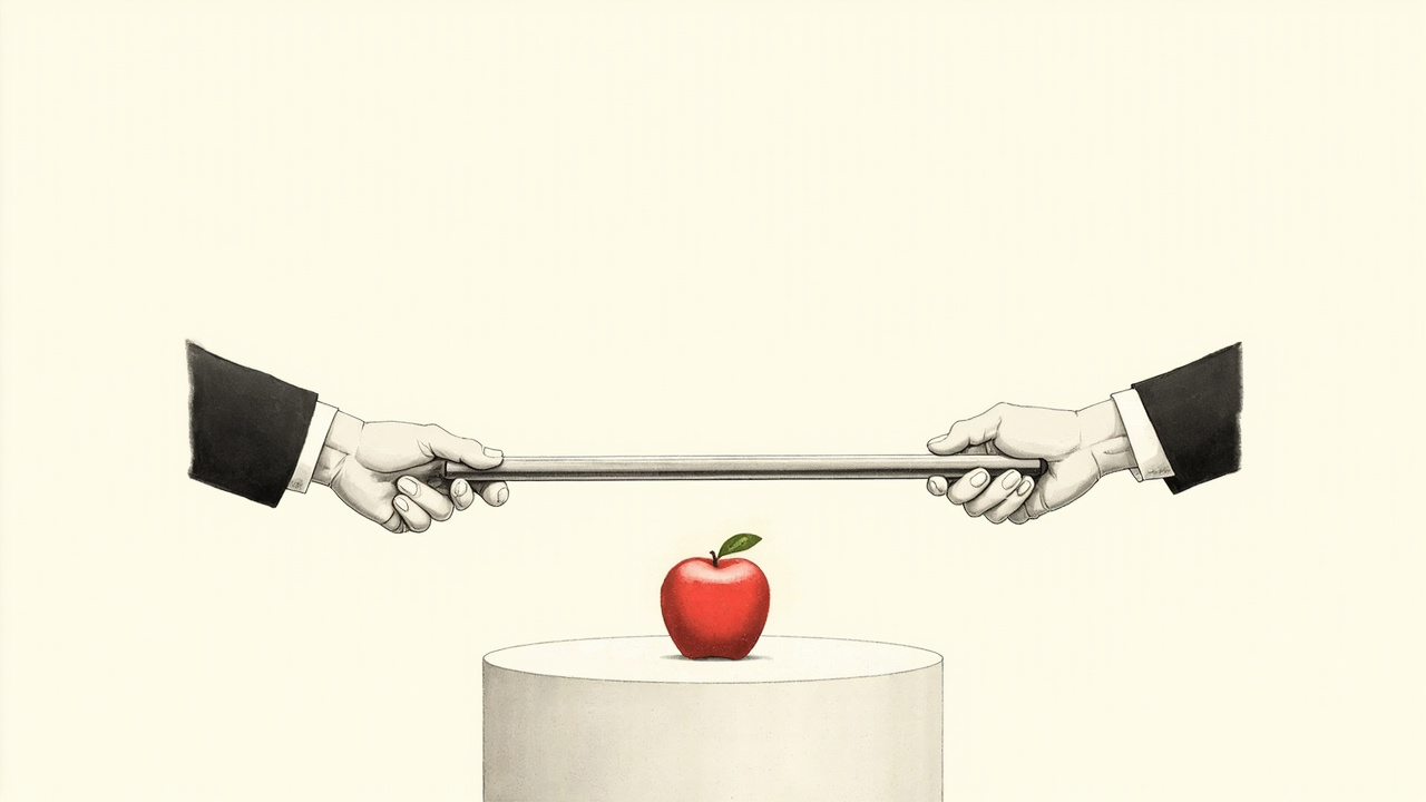 Mãos trocam bastão com maçã brilhante num palco, transição de comando de Tim Cook para John Ternus na Apple