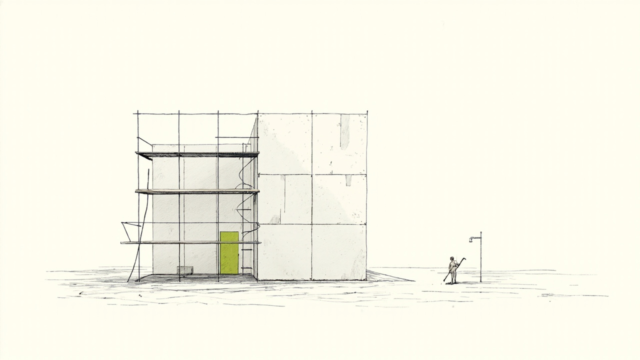 Andaime inacabado ao lado de galpão pré-fabricado com construtor pensativo, construir ou comprar stack de audiência