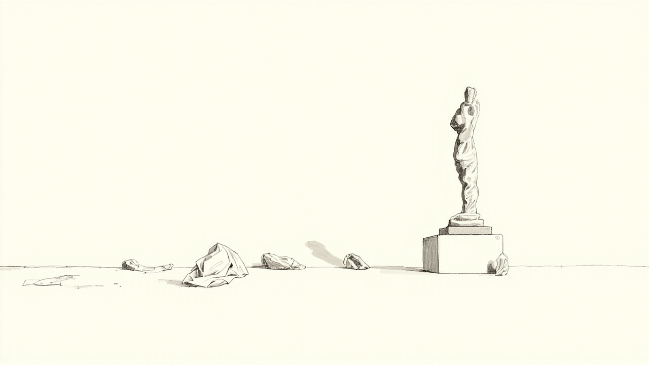 Escultura em pedestal com rastro de esboços amassados, metáfora do histórico que sustenta o trabalho de design