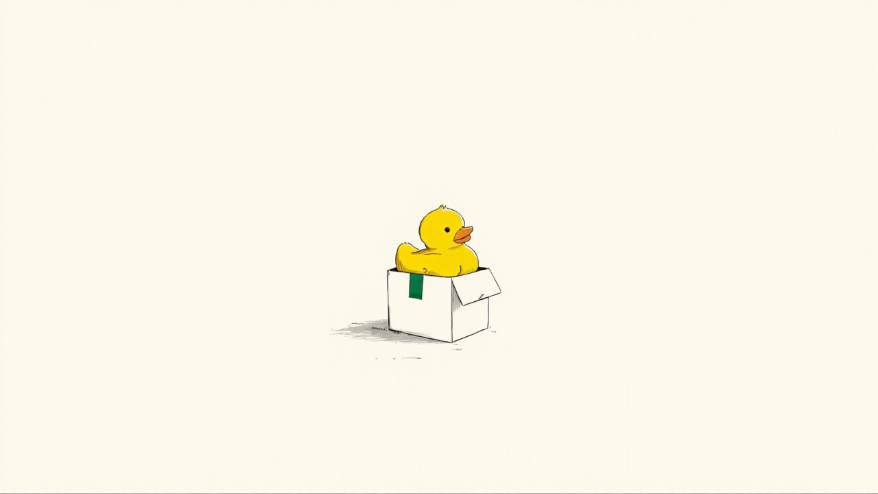 Patinho de borracha em caixa de mudança lacrada com fita em formato de nuvem, metáfora da compra do DuckDB pela AWS