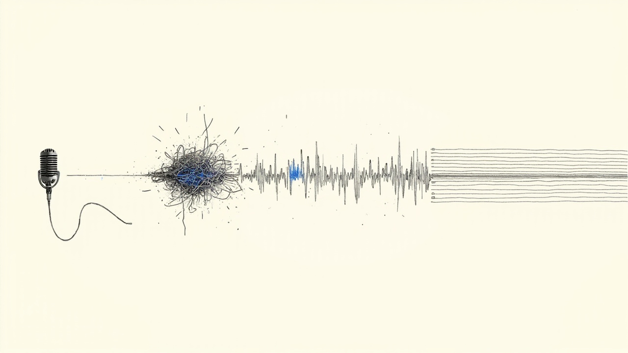 Microfone transforma ondas sonoras emaranhadas em linhas organizadas, metáfora do Gemini 3.5 Transcribe