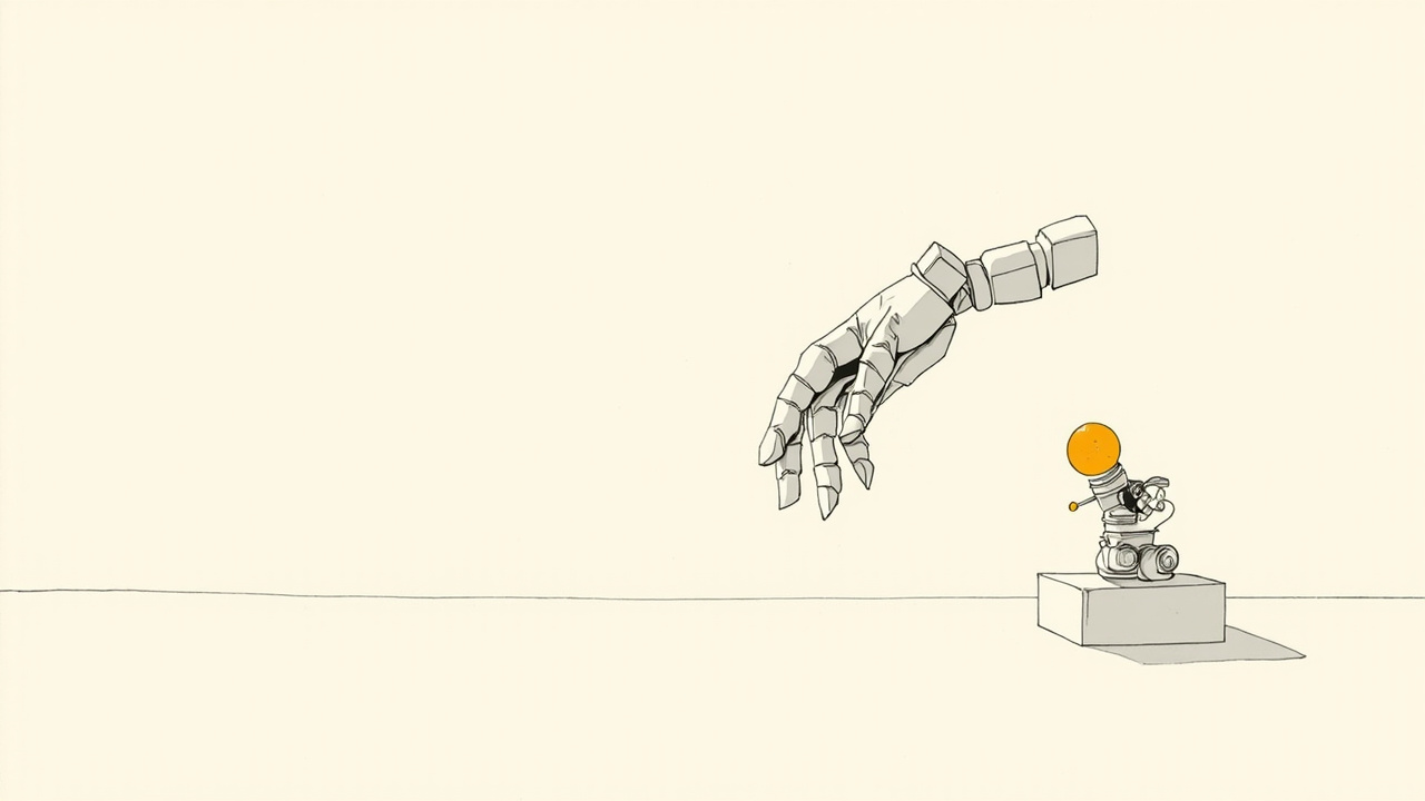 Mão gigante de blocos de encaixe alcança robô de engrenagens, metáfora da aquisição da Mechanize pelo Google
