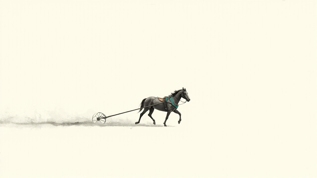 Cavalo solitário com arreio puxa arado à frente da tropa, metáfora do harness que multiplica produtividade de devs com IA