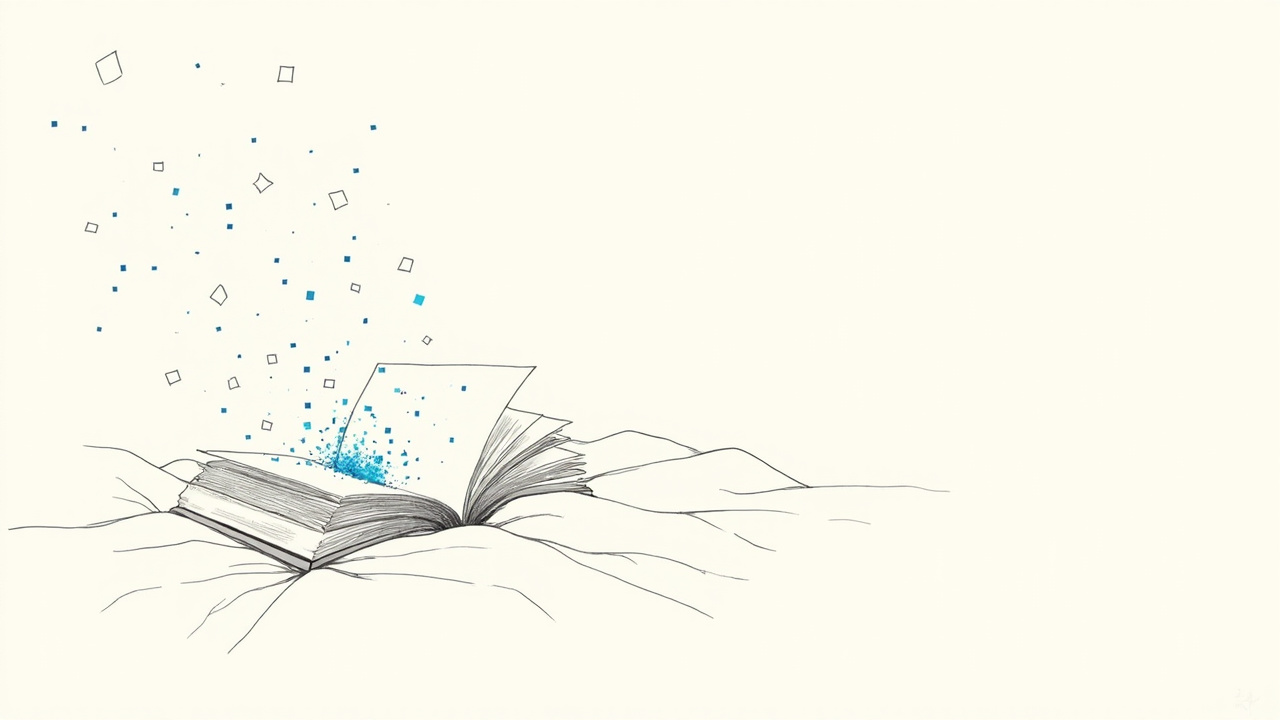 Livro ilustrado aberto com pixels vazando das páginas, metáfora dos livros infantis feitos por IA