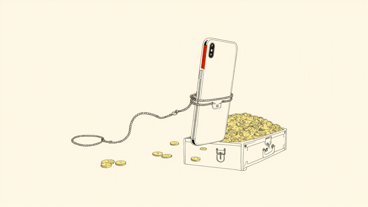 Smartphone algemado a maleta de moedas de ouro, metáfora do acordo bilionário da Meta sobre vício em redes sociais