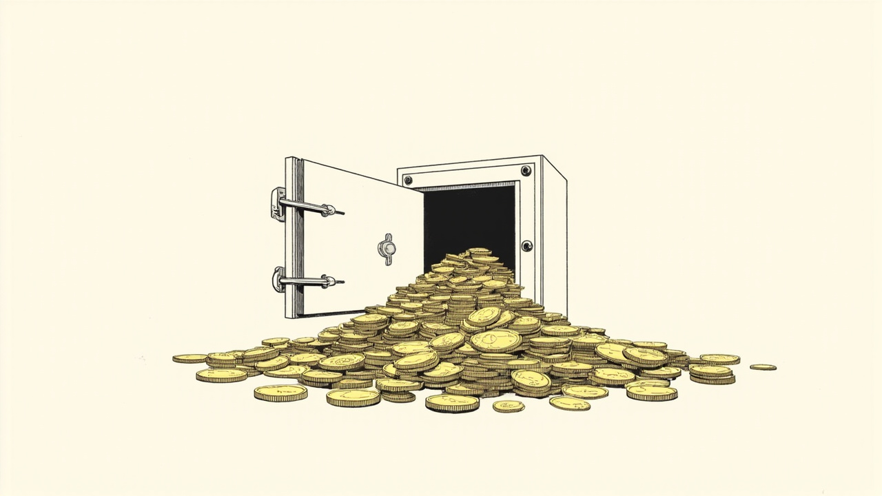 Cofre transbordando moedas de ouro com desenhos de microchips, metáfora da receita recorde trimestral da Nvidia