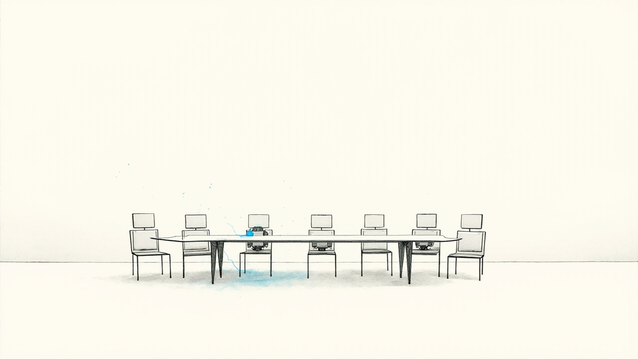 Mesa de reunião com oito robôs pequenos em cadeiras de diretoria, metáfora do time executivo OpenExecutive