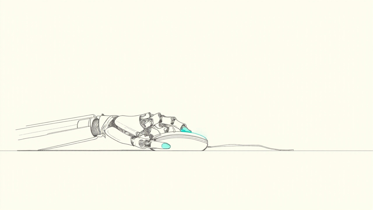 Mão de robô e mão humana dividem o mesmo mouse, agente operando navegador logado com BrowserSkill