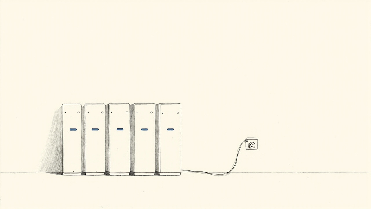 Fila de racks de servidores espera por uma única tomada elétrica vazia, déficit de energia dos data centers de IA