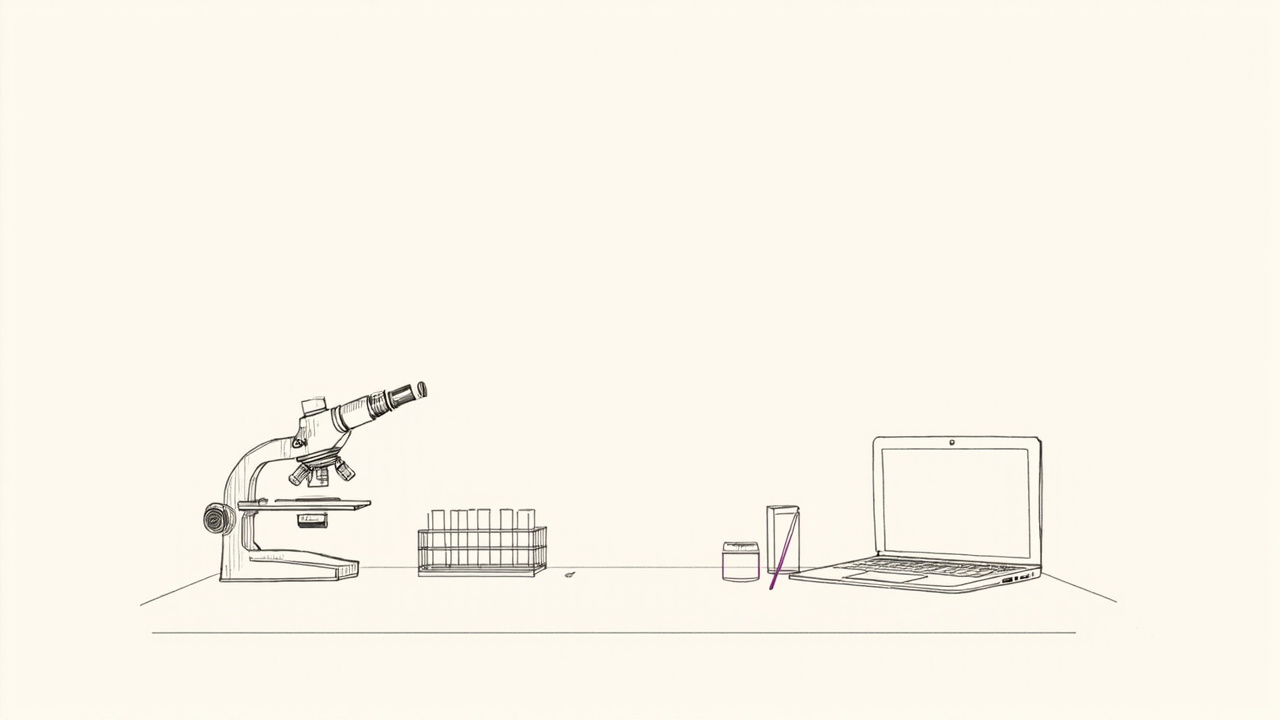 Bancada de laboratório com microscópio, tubos de ensaio e laptop juntos, ambiente de IA para cientistas no ChatGPT