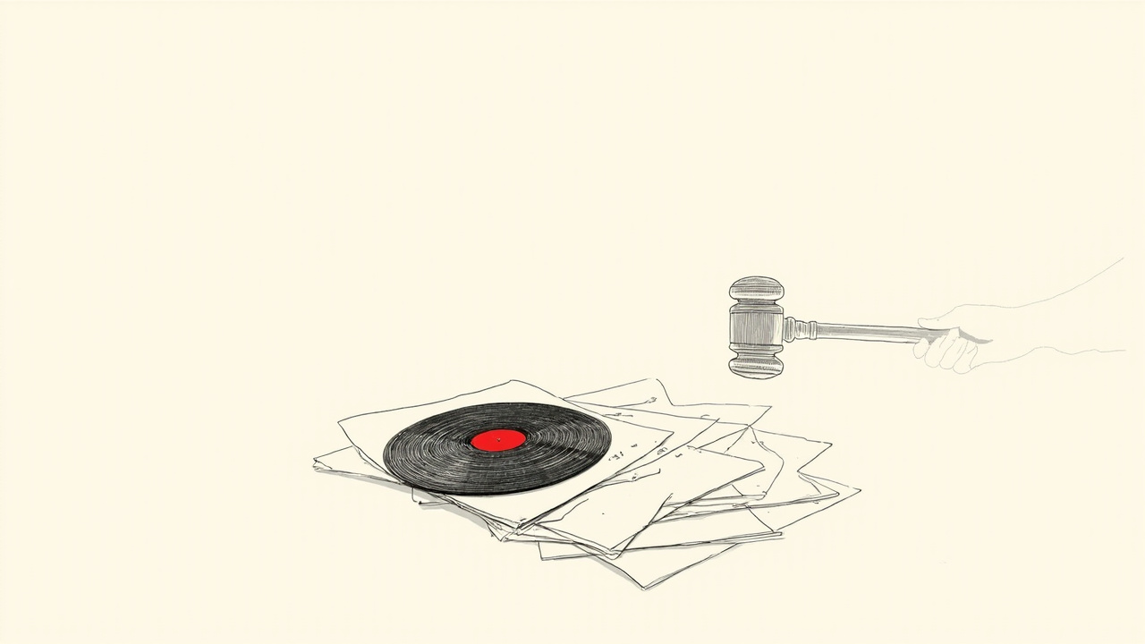 Martelo de juiz cai sobre partituras e discos de vinil, processo das gravadoras Sony e Warner contra a Anthropic